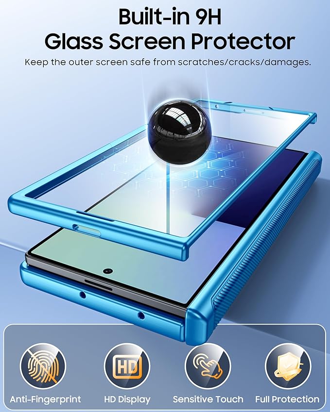 CENMASO for Samsung Galaxy Z Fold 7 Case with Card Holder [RFID Blocking] Camera Cover, Hinge Protection, Hidden Kickstand, Screen Protector, Slim Shockproof Phone Case for Galaxy Z Fold 7-Lake Blue