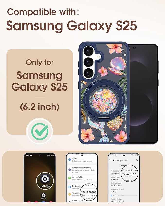 for Samsung Galaxy S25 Case with 360° Rotatable Magnetic Ring - Compatible with MagSafe, Semi-Transparent Anti-Fingerprint Soft-Touch Material Shockproof, Cute Y2K Design for Women Girl