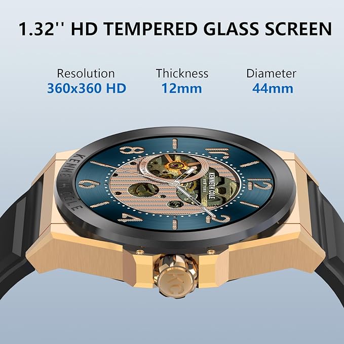 Bebinca Smart Watch for Men Compatible with iPhone Samsung Android Phone, 1.32'' HD Screen IP68 Waterproof Bluetooh Fitness Tracker Heart Rate/Sleep Monitor(Black-Gold)