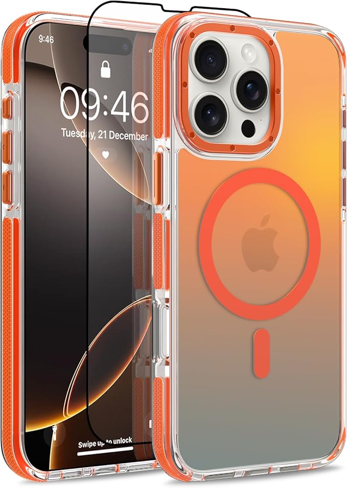 MOWIME Magnetic Case for iPhone 16 Pro [Compatible with Magsafe] [Cute Fashion Fluorescent Design] [1 Screen Protector] Slim Translucent Matte Case for iPhone 16 Pro 6.3" 2024, Orange