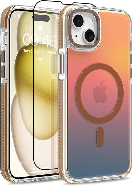 MOWIME Magnetic Case for iPhone 15 Plus [Compatible with Magsafe] [Cute Fashion Fluorescent Design] [1 Screen Protector] Slim Translucent Matte Case for iPhone 15 Plus 6.7" 2023, Desert