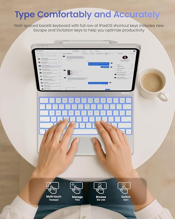 typecase Edge+ Keyboard Case for iPad Air 13-inch(M3 2025 / M2 2024),Ultra-Slim Detachable Case,Portrait & Typing Modes,Built-in Trackpad,11-Color Backlight,Magnetic Stand,Pencil Holder,White