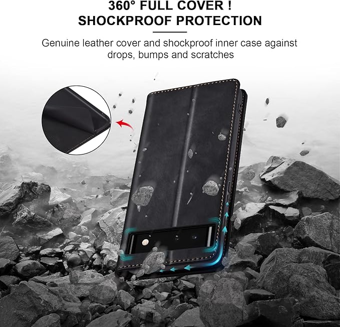 Jasonyu Flip Wallet Case for Google Pixel 6 5G,Leather Magnetic Folio Cover with Card Holder,Kickstand - TPU Shockproof Durable Protective Phone Case,Black