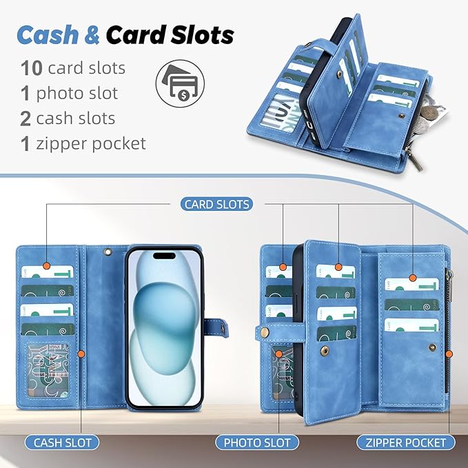 TwoHead Wallet Case Compatible with iPhone 15,Detachable Magnetic Phone Case,All-Round Protective Leather Phone Case with Card Holder,6.1 in,Sky Blue