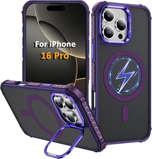 Magnetic for iPhone 16 Pro Case Purple with MagSafe Wireless Charging Heavy Duty Military-Grade Shockproof Protection Adjustable Kickstand Slim Matte Anti-Fingerprint Cover Men Women