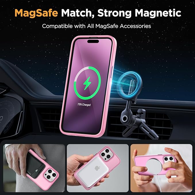 Miracase Magnetic for iPhone 15 Pro Max Case 6.7 inch (Compatible with MagSafe)（with 2X Screen Protectors） Military-Grade Protection, Anti-Fingerprint Translucent Matte Phone Cover, Mes Pink