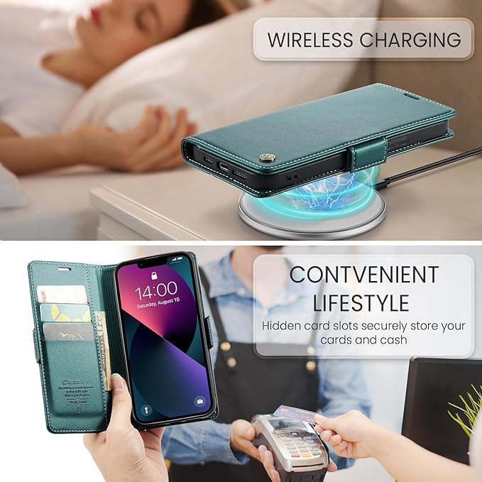 for iPhone 14 Case, Premium PU Leather Wallet Case Flip Cover with [RFID Blocking][Card Holder][Stand Function] Shockproof Protective for iPhone 14 6.1 inch, Blue-Green