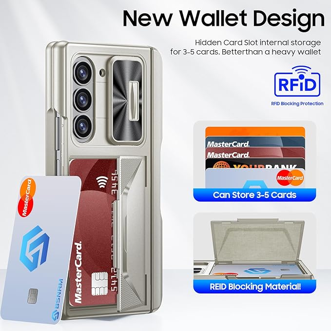 for Samsung Galaxy Z Fold 6 Case with Card Holder RFID Blocking & S Pen Holder & Slide Camera Cover & Hinge Protection & Full-Body Rugged Shockproof Wallet Case for Galaxy Z fold 6,Titanium Gold