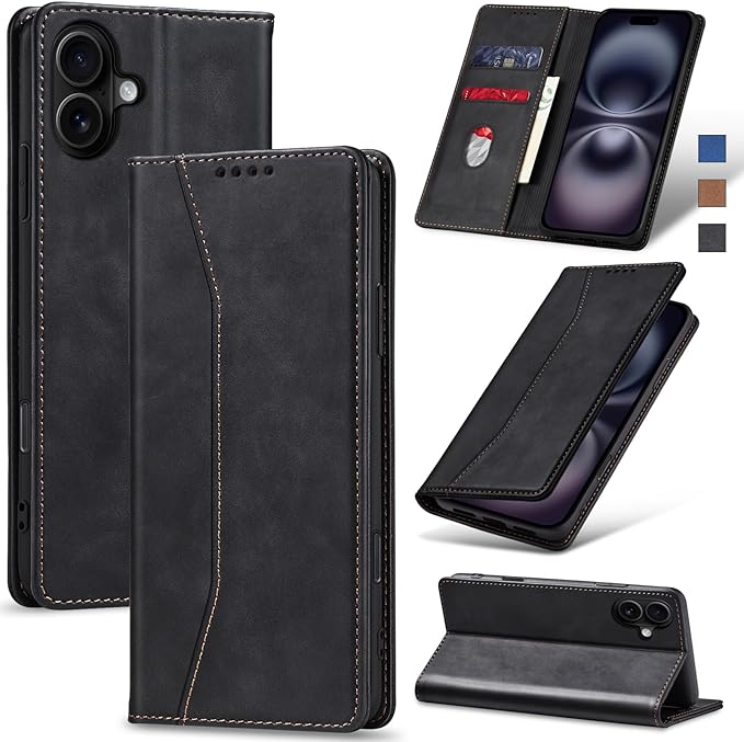 Jasonyu Flip Wallet Case for iPhone 16 Plus,Leather Magnetic Folio Cover with Card Holder,Kickstand - TPU Shockproof Durable Protective Phone Case,Black