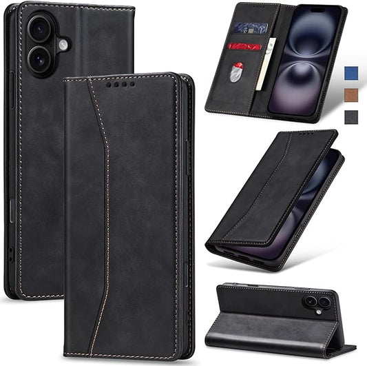 Jasonyu Flip Wallet Case for iPhone 16 Plus,Leather Magnetic Folio Cover with Card Holder,Kickstand - TPU Shockproof Durable Protective Phone Case,Black