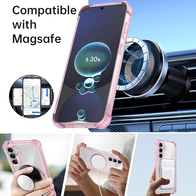 for Samsung Galaxy S24 FE Case Compatible with Magnetic Wireless Charging with 2 Screen Protectors,Galaxy S24 FE Case Built-in Kickstand Ring Military Grade Drop Protection Shockproof Pink