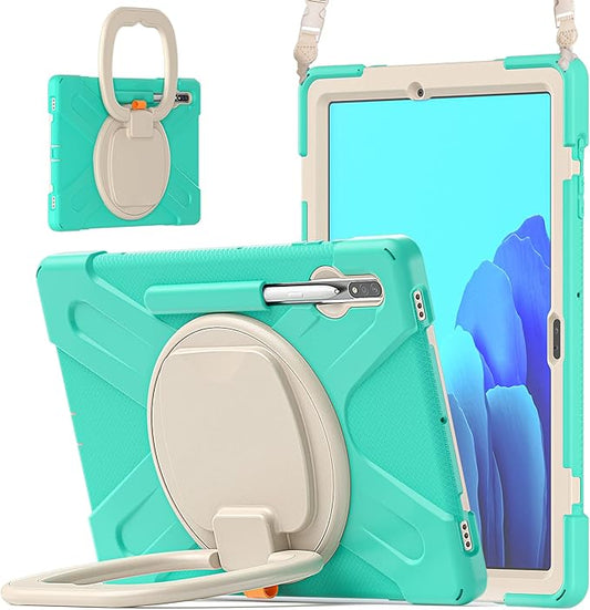 360 Rotation Portable Case for Galaxy Tab S8+/S7 FE/S7+ 12.4 Inch Case with S Pen Holder Rugged Case Rotating Stand Hand Strap Shoulder Carrying Strap Outdoor Cover (MintGreen)