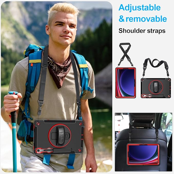 Case for Galaxy Tab S10 Lite &S10 FE S9 FE 10.9"/S9 11 Inch: TPU Cover for Samstng Tablet S10 FE/ 2025/ S9 FE & S9 2023 5G with Screen Protector- Stand- Handle-Shoulder Strap-S-Pen Holder-Red+Black