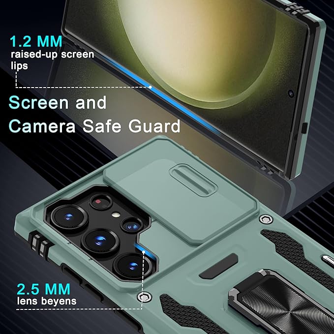DEERLAMN Case for Samsung Galaxy S25 Ultra with Slide Camera Cover+Screen Protector (1 Pack), Rotated Ring Kickstand Military Grade Shockproof Protective Cover-Green