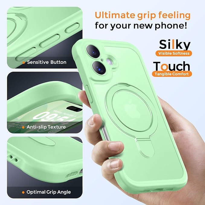 MOCCA Compatible with iPhone 17 Case with Magnetic Invisible Stand [Full Camera Protection] [Compatible with Magsafe] Military Drop Shockproof Translucent Matte Phone Case Cover 6.3",Matcha Green