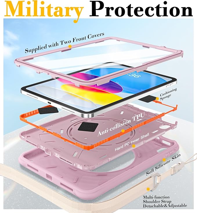 BRAECN Ripple Case for iPad (A16)11th/10th Generation 11/10.9 inch 2025/2022 Zinc Alloy Handle Ring Stand Protective Heavy Duty Screen Protector 360°Rotating 180°Folding Shoulder Strap Full-Body Cover