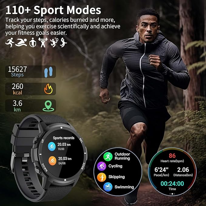 Military Smart Watches for Men Women, 1.43'' AMOLED Fitness Watch with Heart Rate/BP/Sleep Tracker, Step Counter, 110+ Sport Modes, Password, Waterproof Smart Watch for Android iPhone