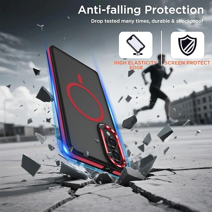 Case for Samsung Galaxy S25 Edge, Matte Translucent Magnetic Cover [Compatible with Magsafe] [Anti-Slip Grip], Military Grade Shockproof Hybrid Color Galaxy S25 Edge Phone Case (Black/Red)