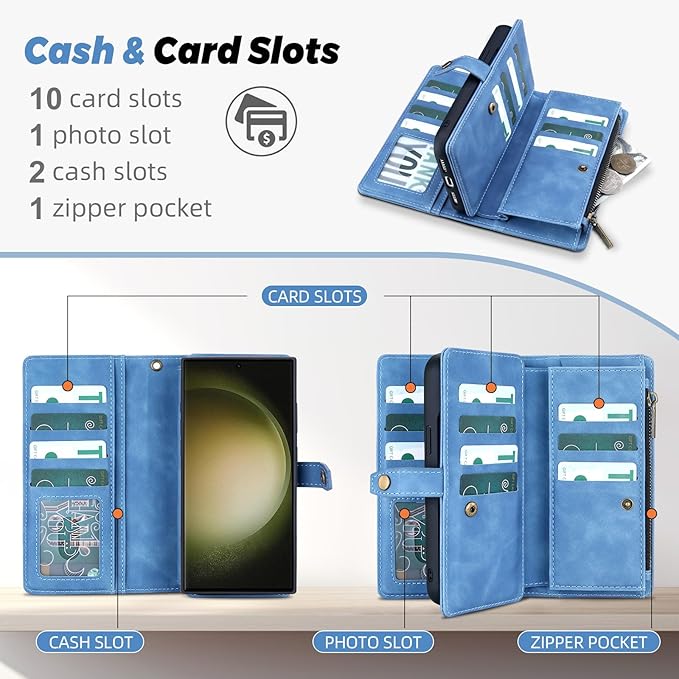 TwoHead for Samsung Galaxy S23 Ultra Wallet Case with Card Holder & Detachable Magnetic Phone Case for Galaxy S23 Ultra,PU Leather Shockproof Protective Phone Cover Wallet(6.8 in,Sky Blue)