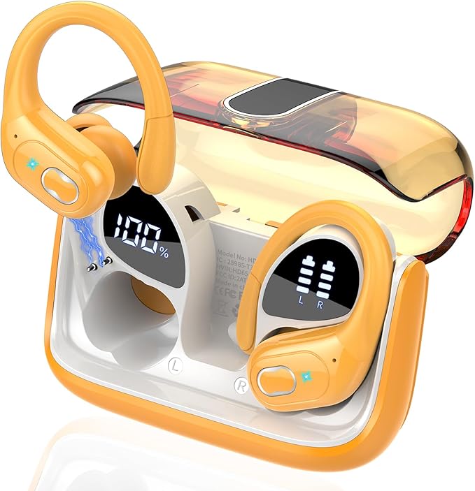 Wireless Earbuds 75hrs Bluetooth 5.4 Headphone Sport, 2025 Bluetooth Earbuds Stereo Deep Bass Over Ear Bud with Earhooks, ENC Noise Cancelling Mic, IPX7 Waterproof Earphone, Yellow