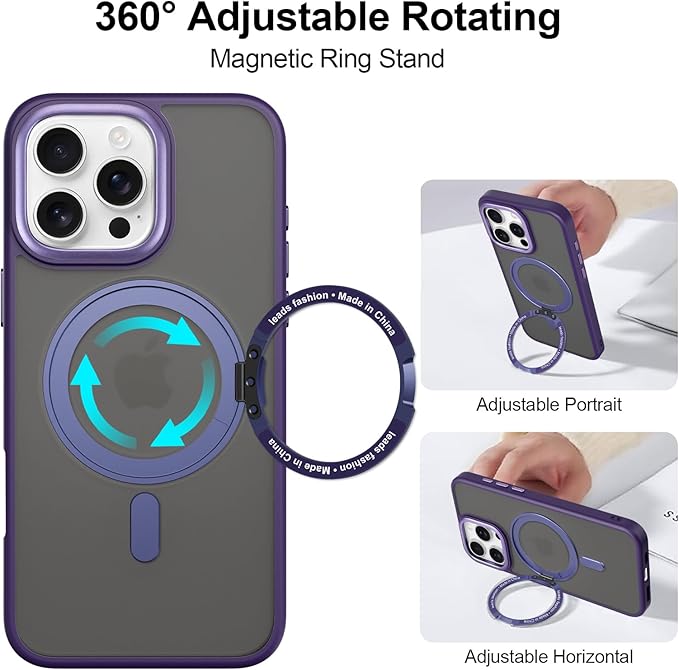 ZIYE Magnetic Case for iPhone 16 Pro Max Case with Stand [Compatible with MagSafe] Slim Shockproof Military Grade Heavy Duty Cover with 360 Rotatable Ring Kickstand for Women Men, Translucent Purple