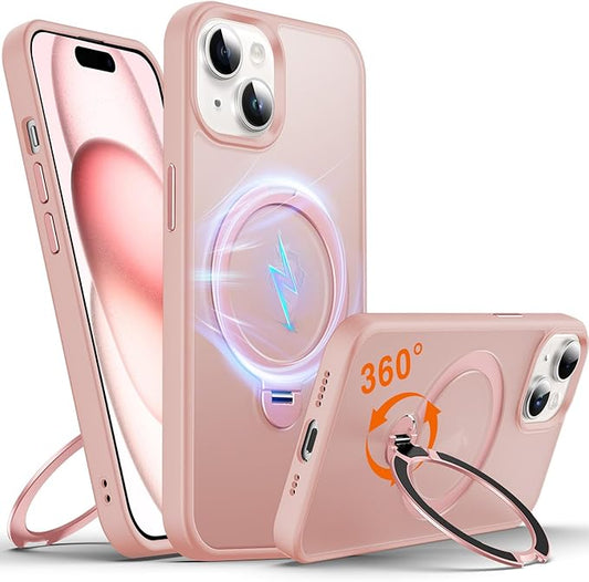 360° O-Ring MagStander for iPhone 15 Case with Magnetic Kickstand Ring Holder [Compatible with MagSafe][360°Rotate Stand Ring][Military Shockproof] Magnet iPhone 15 Phone Cover Matte Pink
