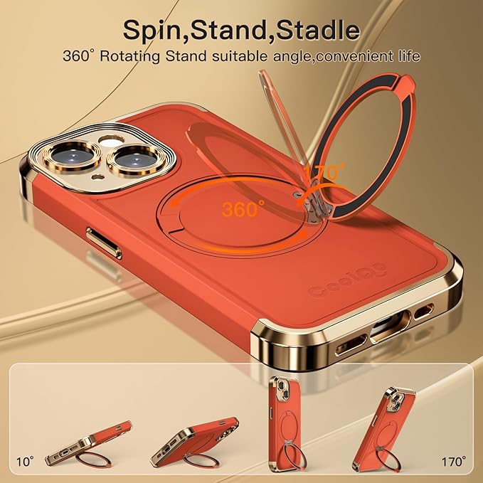 COOLQO for iPhone 15 Case 6.1'' Upgraded 360° Spin Magnetic Stand [Compatible with Magsafe][Military Protection] Plating Matte Scratch-Resistant Back Protective Shockproof Phone Case, Orange Gold
