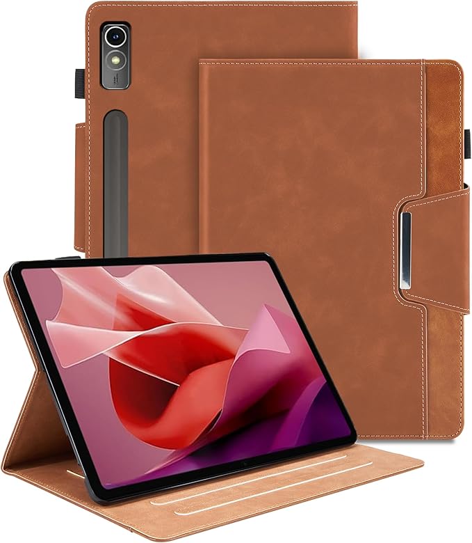 Case for Lenovo Tab P12 12.7 Inch 2023 (TB370FU) - Multi-Angle Viewing Stand Cover with Pocket, PU Leather Folio Case with Magnetic Clasp, Auto Wake/Sleep Smart Tablet Cover, Brown