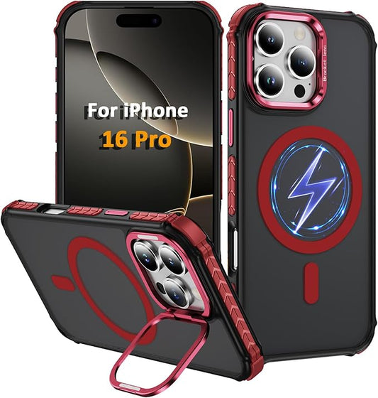 Magnetic for iPhone 16 Pro Case Red with MagSafe Wireless Charging Heavy Duty Military-Grade Shockproof Protection Adjustable Kickstand Slim Matte Anti-Fingerprint Cover Men Women