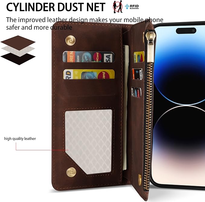 ZZXX for iPhone 14 Pro Case Wallet with [RFID Blocking] Card Slot Premium Soft PU Leather Zipper Flip Folio with Wrist Strap Kickstand Protective Cover for iPhone 14 Pro Wallet Case(Coffee-6.1 inch)