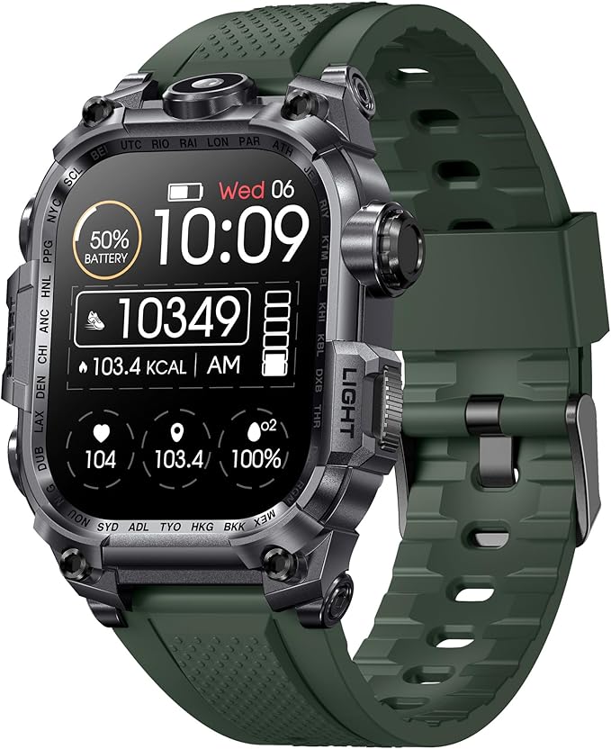 Tough Smart Watch for Working Men with Flashlight, 2.01" HD Ultra Large Rugged Smartwatch Bluetooth Call/Heart Rate/Sleep Monitor Hiking Camping Fitness Track Watches