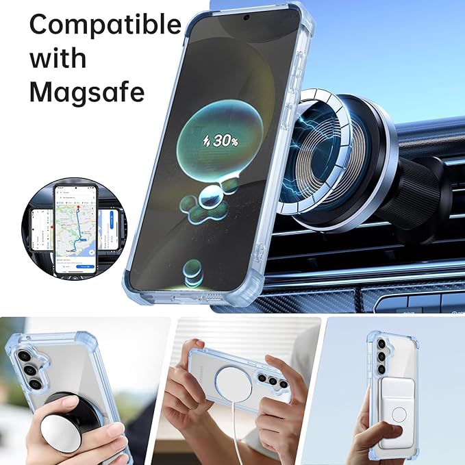 for Samsung Galaxy S24 Case Magnetic Compatible with MagSafe Wireless Charging,with 360°Kickstand Ring,for S24 Phone Case with Screen Protector,Military Grade Drop Protection Shockproof Blue