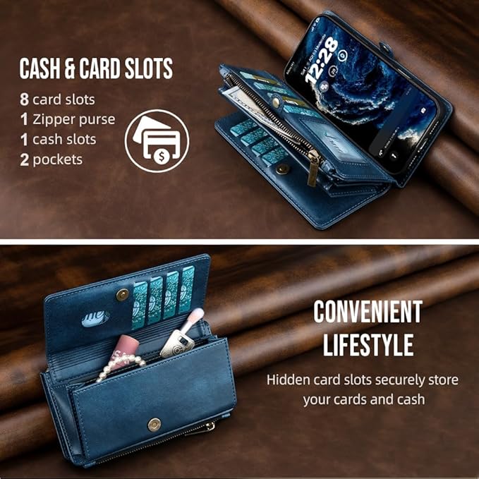 for iPhone 17 Pro Max Wallet Phone Case with 8 Card Holder,RFID Blocking | PU Leather | Kickstand | Flip | Wrist Strap&Shoulder Strap | Shockproof | Zipper Wallet | Women Men | 6.9" | Blue