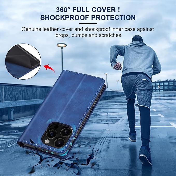 Jasonyu Flip Wallet Case for iPhone 16 Pro Max,Leather Magnetic Folio Cover with Card Holder,Kickstand - TPU Shockproof Durable Protective Phone Case,Blue