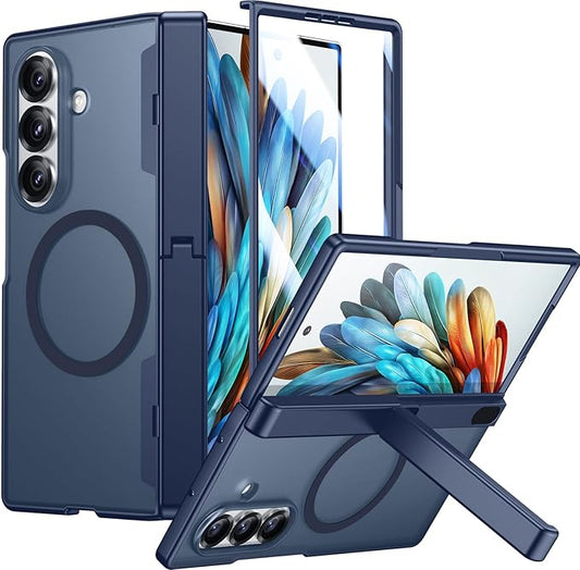 Temdan Magnetic for Samsung Galaxy Z Fold 7 Case,[Compatible with MagSafe][Built-in HD Screen Protector&Invisible Kickstand][Hinge Protection]Translucent Matte Shockproof Phone Case for Z Fold 7,Blue