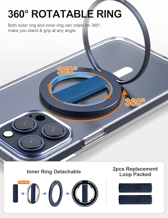 EWA MagOne Ultra for Magsafe Phone Grip Kickstand [Replaceable Elastic Finger Loop], Mag Safe Ring Holder Stand, Two-Sided Magnetic Phone Accessories for iPhone 17,16,15,14,13,12 Pro/Max/Plus-Blue