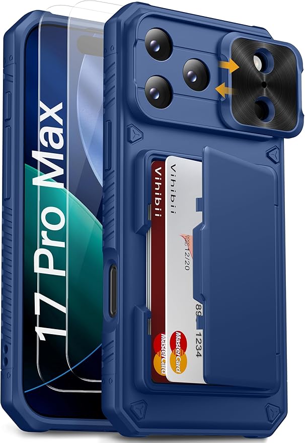 Vihibii for iPhone 17 Pro Max Case with [2X Screen Protector], Built-in Card Holder (4 Cards), [RFID Blocking] & Slide Camera Cover & Tempered Glass Films, Rugged Wallet Case for 17 Pro Max 2025, Blue