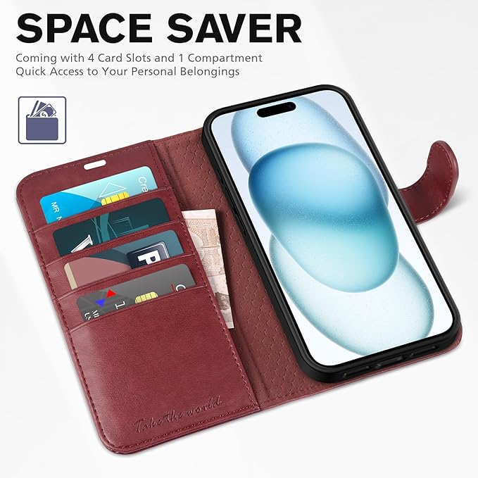 TUCCH Case Wallet for iPhone 15, [RFID Blocking] PU Leather Stand Folio Cover with 4 Card Slots [TPU Protective Interior Shell], Magnetic Flip Case Compatible with iPhone 15 5G 6.1-inch 2023, Dark Red