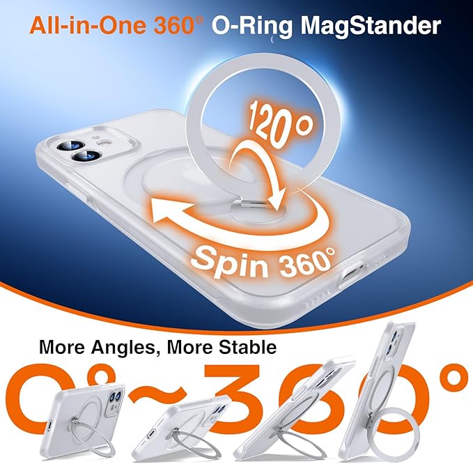 360° O-Ring MagStander for iPhone 12 Case, iPhone 12 Pro Case with Magnetic Stand Ring Holder [Compatible with MagSafe] [Military Shockproof] Kickstand iPhone 12/12 Pro Cover Matte Clear