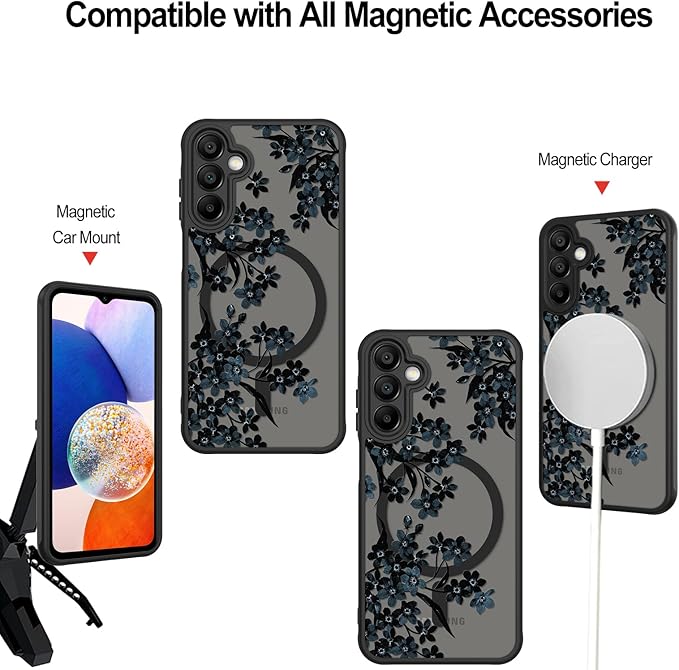 Fiyart Designed for Samsung Galaxy A14 5G Case Matte Flowers Design Compatible with MagSafe Wireless Charging,Cute Floral Anti-Scratch Translucent Phone Cover for Women Girls 6.6"-Black