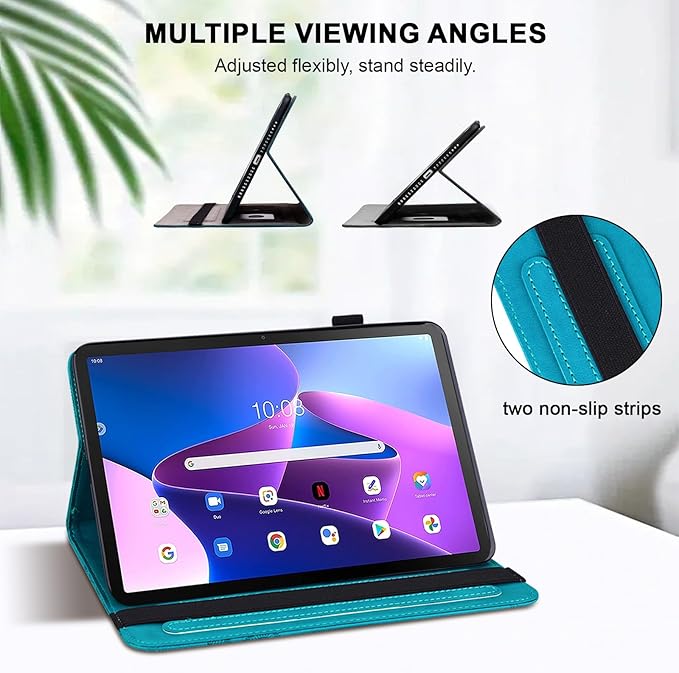 Case for Lenovo Tab M10 Plus 3rd Gen 10.6 Inch 2022 (TB125FU/128FU), Embossed Lace PU Leather Flip Folio Tablet Case with Elastic Band & Card Slots/Holder, Multi-Angle Viewing Stand Cover, Blue