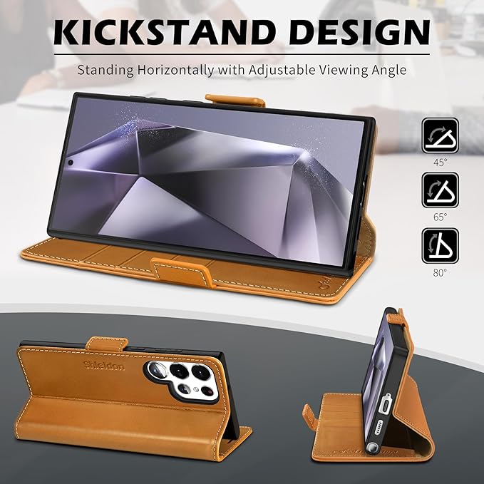 SHIELDON Wallet Case for Galaxy S25 Ultra 5G, Genuine Leather RFID Blocking Credit Card Holder Kickstand Magnetic Folio Protective Cover Compatible with Galaxy S25 Ultra 6.9" 2025 - Retro Light Brown