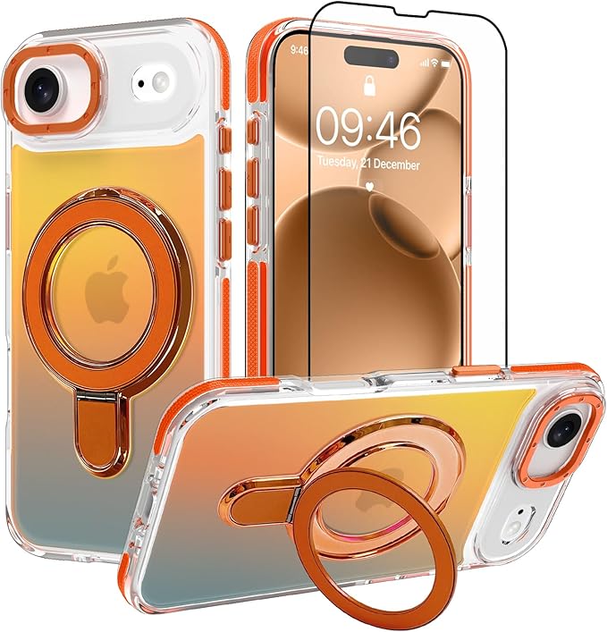 MOWIME Magnetic for iPhone Air Case with Stand [Compatible with Magsafe] [Cute Fashion Fluorescent Design] [1 Screen Protector] Slim Translucent Matte Case for iPhone Air 6.5" 2025, Orange