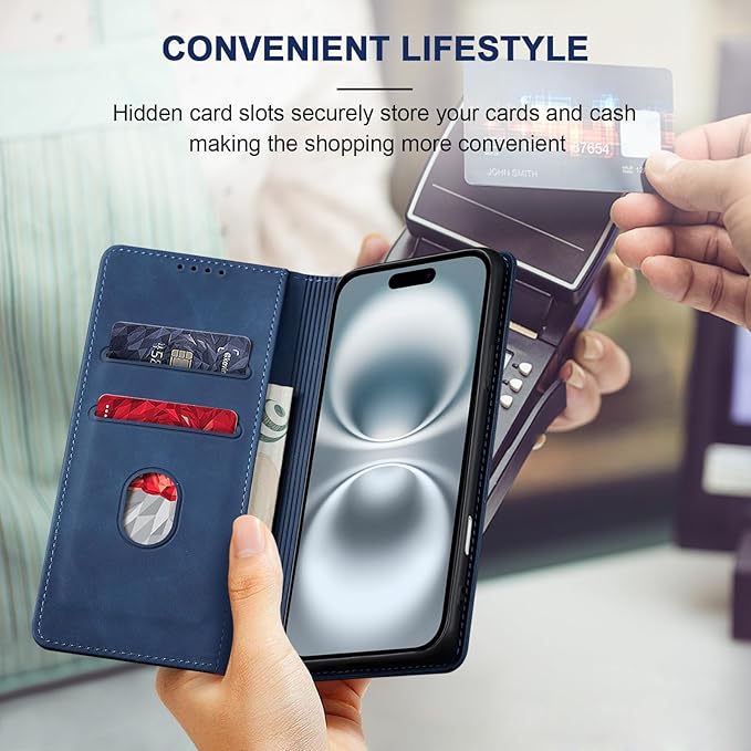 Jasonyu Flip Wallet Case for iPhone 16,Leather Magnetic Folio Cover with Card Holder,Kickstand - TPU Shockproof Durable Protective Phone Case,Blue