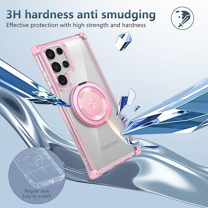 for Samsung Galaxy S22 Ultra Case Compatible Wireless Charging Magnetic,with Screen Protector,for S22Ultra Phone Case with 360°Stand Ring Military Grade Shockproof Heavy Duty Protection Pink