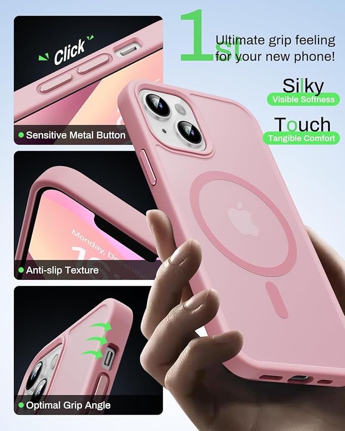 Magnetic for iPhone 13 Case & iPhone 14 Case, Compatible with MagSafe, Military Grade Drop Protection, Slim Fit Shockproof Anti-Fingerprint Translucent Matte Phone Protective Cover, Pink