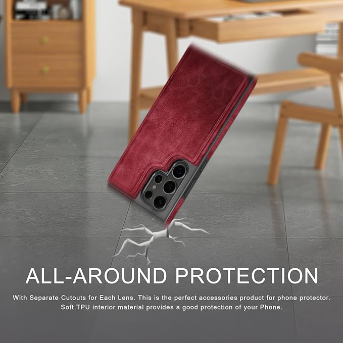 DJDUCK Designed for Samsung Galaxy S25 Ultra Case Wallet with Card Holder, [Magnetic Clasp Cover] [RFID Blocking Leather Protection] Shockproof Women Men Cases for Samsung S25 Ultra Red