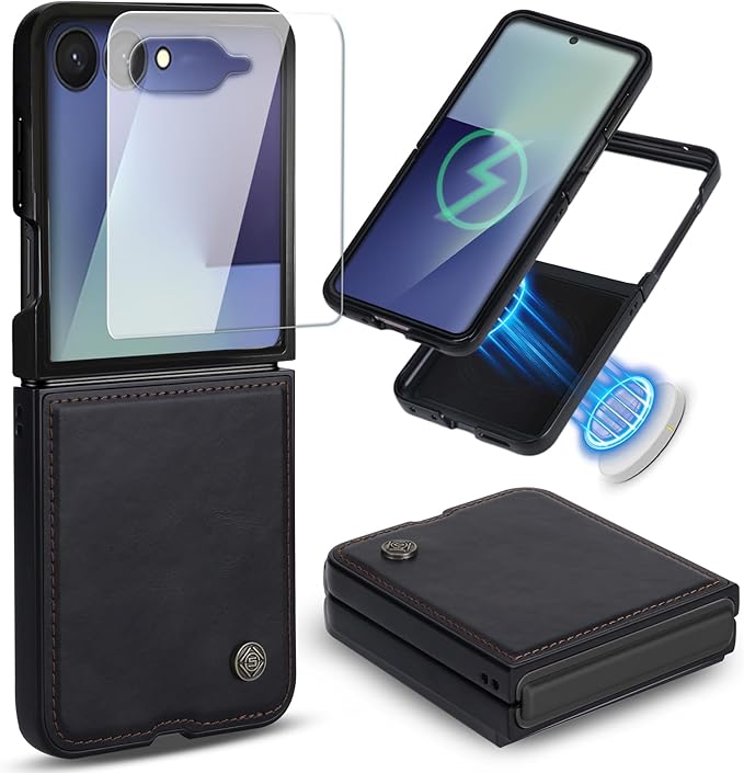 ASAPDOS Leather Folio Magnetic Case for Samsung Galaxy Z Flip 7 [Compatible with MagSafe],Built-in Screen Protector and PU Leather Thin Slim Protective Case Cover Black