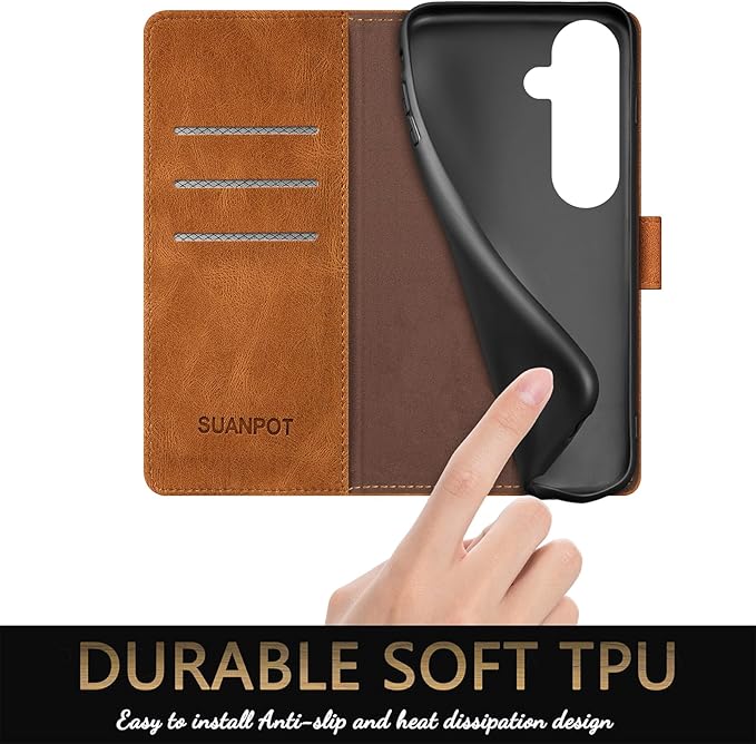 SUANPOT Compatible with Samsung Galaxy S25 FE 5G Wallet case with RFID Blocking Credit Card Holder,Flip Book PU Leather Protective Cover Men Women for Samsung S25 FE case Light Coffee