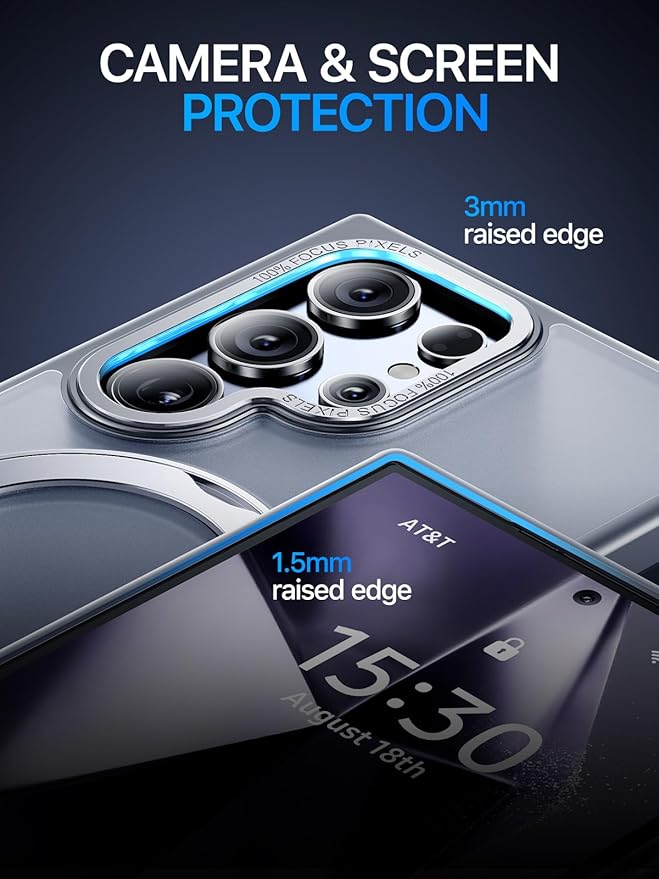 QTlier for Samsung Galaxy S24 Ultra Case, 360° Rotatable Magnetic Ring Stand Case, [Military-Grade Protection] [Raised Camera Frame] Case for Samsung Galaxy S24 Ultra, Matte Translucent Grey